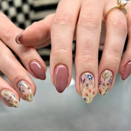 Almond Press on Nails Short Fake Nails with Fall Flower Design Glossy False Nails Acrylic Nails Full Cover Glue on Nails Reusable Floral Stick on Nails Kit for Women Girls DIY Flower Nails Art,24Pcs