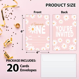 Utaqer 4"x6" Birthday Party Invitation Cards With Envelopes set of 20, Pink Daisy 1st Birthday Party Supplies for Boys, Girls, Kids or Teens Happy Birthday Celebration Invitation/shengri-a005