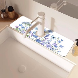 Watercolor Floral Butterfly Sink Faucet Absorbing Mat Sink Splash Guard Faucet Mat Draining Mat Fast Drying Sink Protectors for Kitchen and Bathroom 5.5"×15"