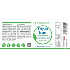 EnergyBalance Tripl3 Iron Capsules - 3 Iron Types in One - Vitamin C and Minerals - for Iron Deficiency - 100% Pure Ingredients - Vegan, Gluten Free, No Additives - 60 VegeCaps of 582 mg