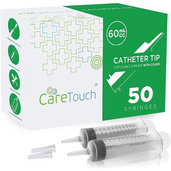 Care Touch 60mL Syringe with Catheter Tip, 50 Large Medicine Syringes for Liquids – Disposable and Individually Wrapped, Great for Home Care