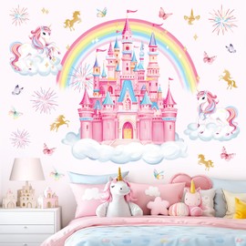 decalmile Rainbow Castle Wall Decals Unicorn Rainbow Butterfly Clouds Wall Stickers Girls Bedroom Baby Nursery Daycare Wall Decor