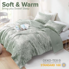 Comfort Spaces Luxe King Comforter Set Velvet Comforters for King Size Bed, Microfiber Reverse, Juliette, All Season Velvet Bedding King Size, Fluffy Bed Set, Sham, King, Sage Green 3 Piece