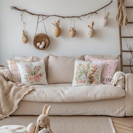 Grtfcolr Easter Pillow Covers 18x18 Set of 4 Easter Decorations for Spring Farmhouse Pillows Outdoor Decorative Throw Pillows Buffalo Plaid Bunny Eggs Throw Cushion Case for Home Decor