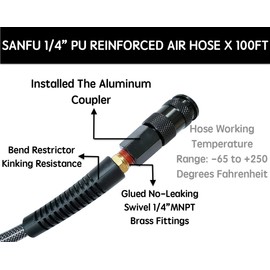 SANFU Polyurethane(PU) Air Hose 1/4-Inch x 100ft Reinforced, lightweight Anti-low temperature 300PSI With 1/4” Swivel Industrial Aluminum Quick Coupler and Plug, Bend Restrictor,Black(100’)