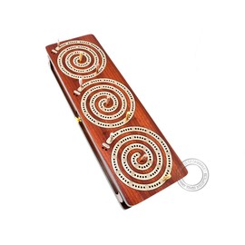 House of Cribbage - 3 Track - Spiral Design Continuous Cribbage Board/Box Inlaid in Blood Wood/Maple Wood - Separate Storage Space for Two Deck of Cards & Pegs
