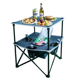 ARMOR CASTLE Folding Beach Table, Camping Table for Sand with Insulated Cooler Storage & 4 Cup Holders, Portable Pop Up Picnic Table, Lightweight Side Table for Outdoor