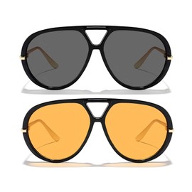 Retro Aviator Sunglasses for Women Men Classic Metal Arm Pilot Style Vintage Shades Oversized Round Eyewear UV400 Protection (Black/Black+Black/Orange)