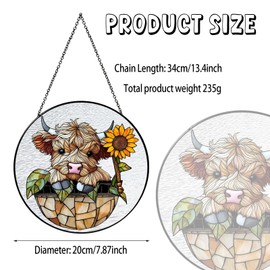 RVEAFA Sunflowers Highland Stained Glass Window Hanging Cowgirl Decor Highland Cow Gifts for Women Christmas Suncatchers for Home Windows Hanging Decoration, 7.87inch