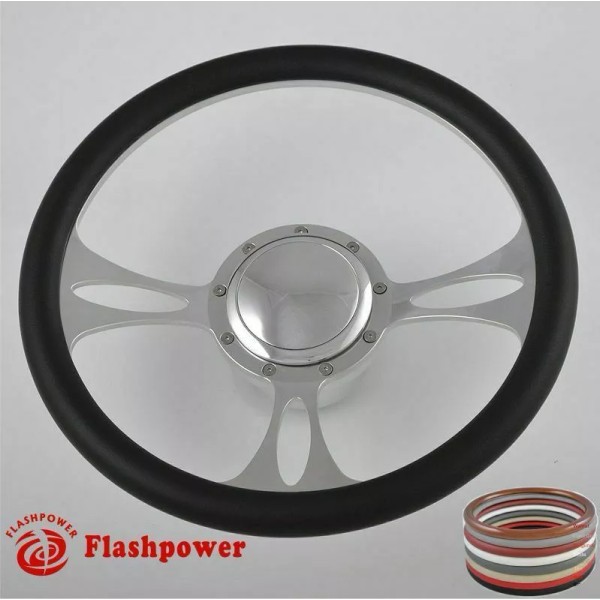FLASHPOWER 14" Billet Aluminum 9 Hole Steering Wheel Kit w/