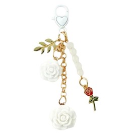 GrandslamEX Rose Charm Key Ring with Microfiber Cloth Backpack Key Ring Fashion Bag Charm Sweet Cool Key Chain Camellia Korean Cute Smartphone, white