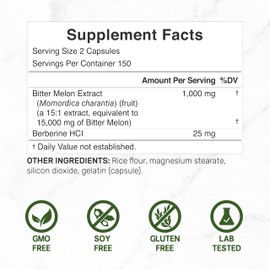 Bitter Melon with Berberine Supplement 15,000mg Per Serving, 300 Capsules | 15:1 Wild Bitter Melon Fruit Extract & Berberine HCL | Third Party Tested | Plant Based, Non-GMO
