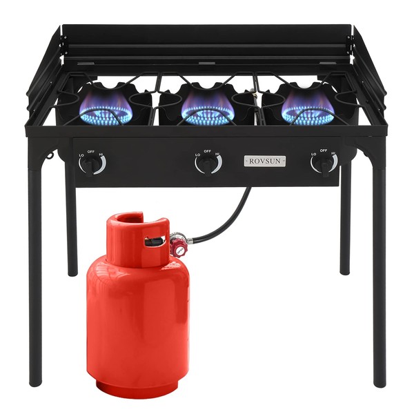ROVSUN 3 Burner Patio Outdoor Camping Burner with Wind Panel, 225,000 BTU Propane Gas Stove with CSA Listed Regulator, Picnic Cooker for Home Patio Cooking Brewing Turkey Frying Canning