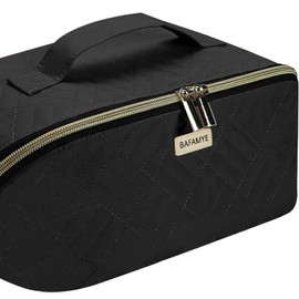 Travel Makeup Bag - 4L Compact Cosmetic Organizer Bag, Makeup Toiletry Travel Bag with Brush Holder & Multiple Compartments, Waterproof rare  beauty Hanging Travel vanity  bag:_Black