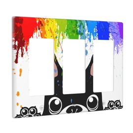 Novelty Funny Pastel Colors Rainbow and Dogs Triple Rocker Decora Outlet Cover Faceplate Decorative Wall Plate Cute Black Puppy 3 Gang Light Switch Cover Gfci Electrical Switchplate for Nursery