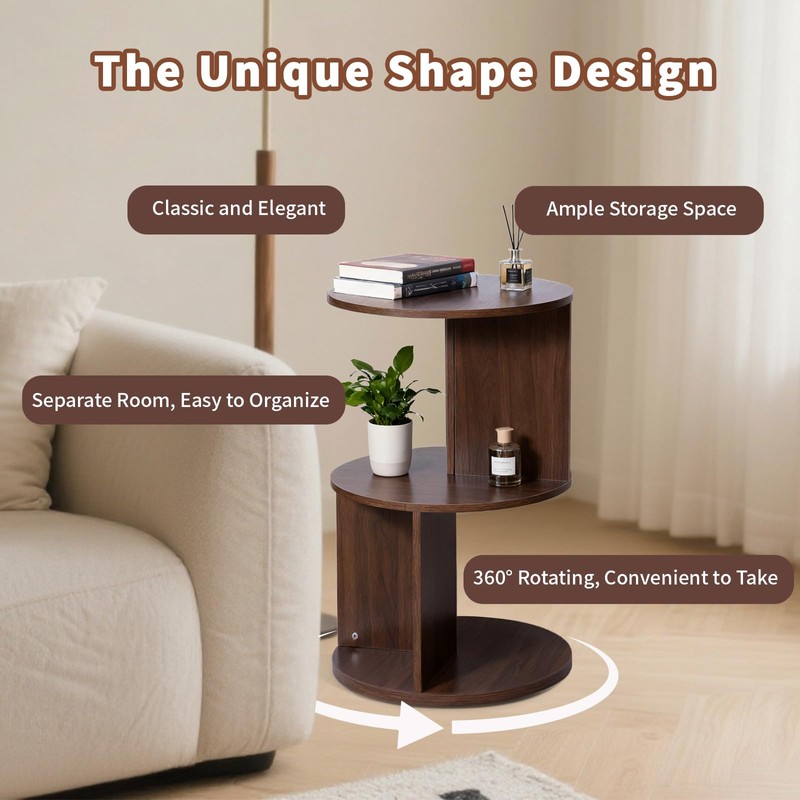 Vrnikhub Wood 2-Tier 360° Rotating Bookshelf, Narrow Corner Bookcase &