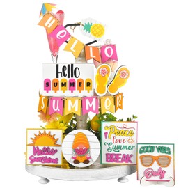 Pinkunn 19 Pcs Hawaii Summer Tiered Tray Decor Beach Tiered Tray Decor Kitchen Sign Rustic Wooden Sunshine Summer Decorations for Home Farmhouse Table Holiday Decorative Trays (Sunglasses Slippers)