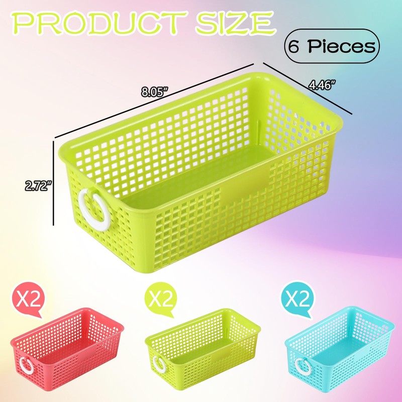 Buyitt 6 Pack Small Plastic Rectangular Baskets, Colored Plastic Basket