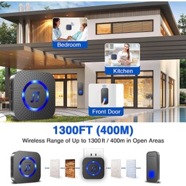 SURFOU Wireless Doorbell, Waterproof, Easy installation -1300ft Range 55 Chimes, 5 Adjustable Volume Levels - LED Flash (1 Button+2 Receivers)