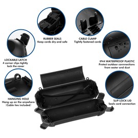 Restmo 4 Pack Mini IP44 Waterproof Outdoor Connection Box with Lockable Latches and Mounting Holes, Weatherproof Extension Cord Safety Cover for Outdoor Plugs, Lights, Cables, Wires, Size Small, Black