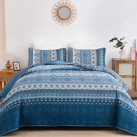 WONGS BEDDING Blue Quilt Set Queen Size, Bohemian Stripe 3 Pieces Quilts Bedspread Set Boho Lightweight Microfiber All Season Bedding Coverlet Set for Queen Bed (96"x90")
