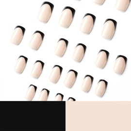 Black French Tip Press on Nails Short Medium False Nails Square Fake Nails Nude Full Cover Acrylic Nails Press ons for Women Daily Wear Simple 24 Pcs