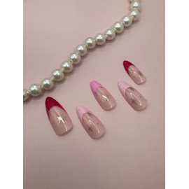 Fast Nails Press On Nails- 24 Pieces Glossy Red Pink French Tip with Glitter Gold Stars Medium Almond Glam Pink Ombre Reusable Nail Kit with Adhesive Tabs