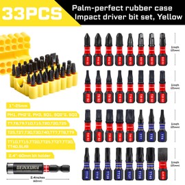 Geinxurn Impact Screwdriver Bits Set, 33 Pieces 1”Multi Head Magnetic S2 Steel Driver Bits PH/SQ/Torx/Slotted/Security Torx With Yellow Soft Base