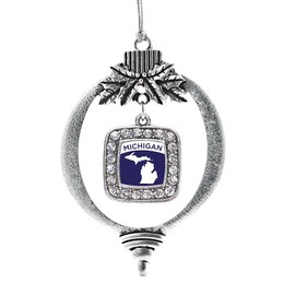 Inspired Silver - Michigan Outline Charm Ornament - Silver Square Charm Holiday Ornaments with Cubic Zirconia Jewelry
