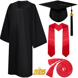 Syhood 4 Pieces 2025 Unisex Graduation Matte Gown Cap Tassel Stole Set Honor Cord for Graduation(Size 45,Black,Red)