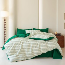 SUSYBAO Green Striped Duvet Cover Queen 100% Washed Cotton 3 Pcs Set 1 Vertical Pinstripe Duvet Cover with Zipper Ties 2 Pillow Shams Soft Ticking Stripe Bedding Set