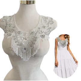 MOPISVN Pure Handmade Sewing Rhinestone Applique Crystal Tassel Chain for DIY Clothing Wedding Dress Patches Decoration 13.7X12.9inches (Silver)