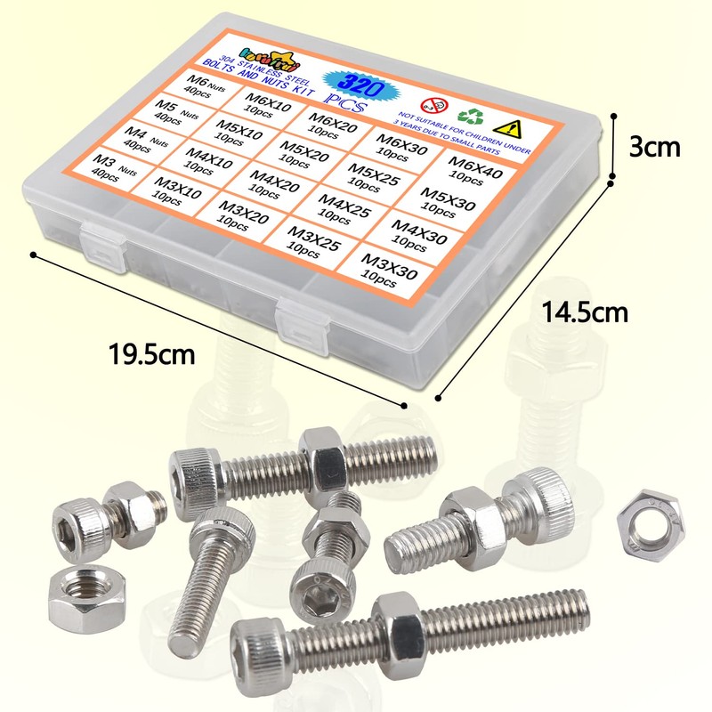 huruirui Nut and Bolts Set M3 M4 M5 M6 304