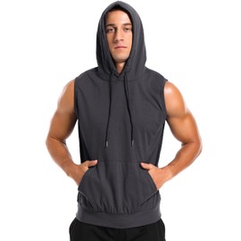 Amussiar Men's Workout Tank Tops Gym Fitness Sleeveless Hoodie Cut Off Shirt with Kanga Pocket Deep Grey