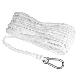 MARINE SYSTEM Made PP Hollow Braid Anchor Line Polypropylene 1/4 inch 50FT 100FT with Stainless Steel Spring Hook, White(1/4" x 100')