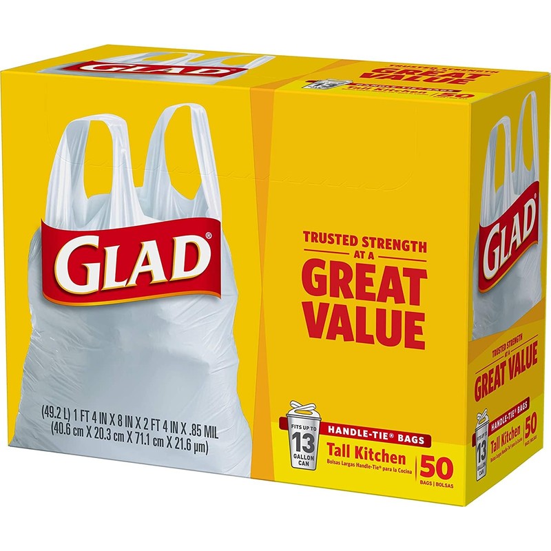 Glad 13 Gal. Tall Kitchen Handle-Tie Bags 50 ct (Pack