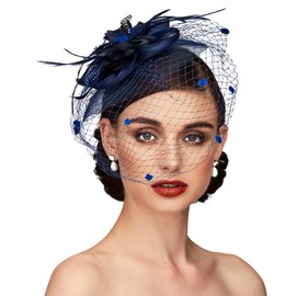 TS Fascinators Hat Tea Party Hat Mesh Floral Feather Hair Clip Girls and Women Fascinator Headband with Veil for Wedding Cocktail Dark Blue