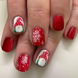 Christmas Press on Nails Short Square Winter Fake Nails White Snowflake Red False Nails with Designs Gnome Santa Claus Glossy Glue on Nails Xmas Acrylic Nails for Women Girls 24 Pcs