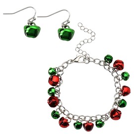 Christmas Bell Bracelet and Earrings Set Green Bell Drop Dangle Earrings Christmas Decorations Accessories for Women Female Small Bell Chain Bracelets for Women 3 PCS Christmas Earrings and Bracelet