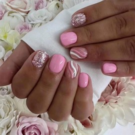 Extra Short Press on Nails Pink Fake Nails with Designs Cute White False Nails Full Cover Glossy Stick on Nails Spring Square Glue on Nails Glitter Swirl Acrylic Artificial Nails for Women Daily Wear