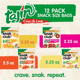 Snak Club Tajin Gummy Candy Fruit Rings, Gummies with Chili and Lime Seasoning, Mild Spice, Gluten-Free and Vegan Snacks, Assorted Variety, Mango, Pineapple, Peach, Watermelon, Snack Size 12 Pack