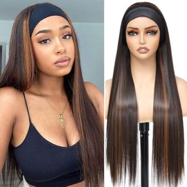 Peluca sintética con diadema para mujer, color negro mezclado con marrón, P4/30, con mechas, fácil de usar, sin pegamento, larga, lisa, de fibra resis