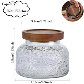 ANSQU Vintage Glass Storage Jar, 25.4 FL OZ Food Storage Jar with Solid Wooden Lid, Tea Bag Organiser for Home Kitchen Decor, Holds Oats, Jam, Coffee, Candy, Biscuits and Sugar (Round Flower)