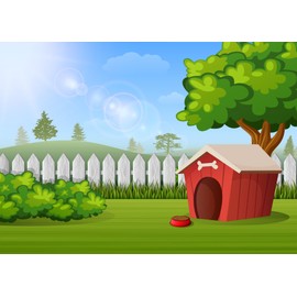 CORFOTO Fabric 8x6ft Outdoor Red Doghouse Backdrop Cartoon Farm Fence Dog House Background Green Grass Kennel Backdrop for Dog Pets Photography Pet Photo Booth Props Dogs Birthday Banner