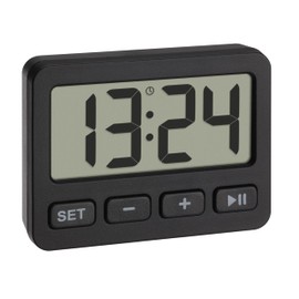 TFA Dostmann 60.2036.01 Digital Mini Clock with Alarm Function, Stopwatch, Timer, Ideal for Travelling Thanks to Key Lock, Table Clock, Car Clock, Suitable for Exams, Quartz, Small and Compact, Black