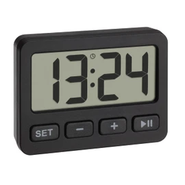 TFA Dostmann 60.2036.01 Digital Mini Clock with Alarm Function, Stopwatch, Timer, Ideal for Travelling Thanks to Key Lock, Table Clock, Car Clock, Suitable for Exams, Quartz, Small and Compact, Black