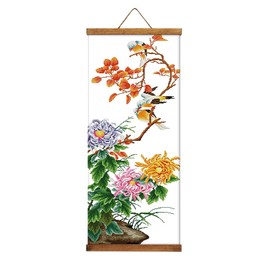 CRAFTiDA Cross Stitch Kits for Adults Embroidery Kit Flowers Large Pre-Printed Stamped Cross Stitch Kit 40x90cm 11CT (Mums & Birds)