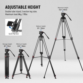 NEEWER 74" Video Tripod with Fluid Head & Damping Control, Aluminum Heavy Duty Camera Stand Professional with QR Plate for DSLR Camcorders for Video Recording, Cleaning Cloth, Max Load 17.6 lbs, TP74