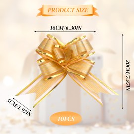 JRILUO Gift Bows Large, Pack of 10 Gift Bows with Gift Ribbon Gold, 10 Gift Bows, Gift Bow Pull Bows, Decorative Bows for Packaging/Wedding/Birthday/Christmas