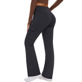 Flare Leggings for Women Yoga Crossover High Waist Pants with Tummy Control Workout Cargo with 5 Pockets Bootcut Leggings,Deep Gray(M)